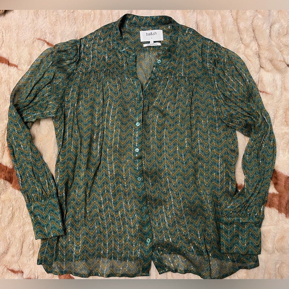 ba&sh Green and Gold Chevron Sheer Button-Up Blouse